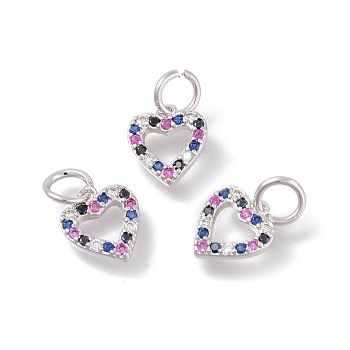 Brass Micro Pave Cubic Zirconia Charms, Heart, Colorful, Platinum, 11x10x2mm, Hole: 4mm