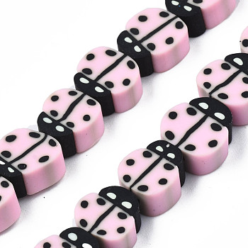 Handmade Polymer Clay Bead Strands, Ladybug, Pink, 8~12x7.5~10x4~5mm, Hole: 1.5~2mm, about 38~40pcs/strand, 14.17 inch~15.35 inch(36~39cm)