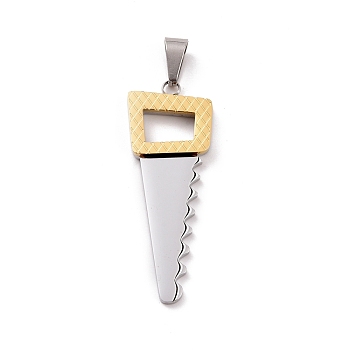 Ion Plating(IP) 304 Stainless Steel Manual Polishing Pendants, Saw, Golden & Stainless Steel Color, 48x17x3mm, Hole: 4x9mm
