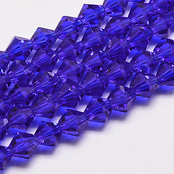 Transparent Glass Beads Strands, Faceted, Bicone, Medium Blue, 6x6mm, Hole: 1mm, about 45~47pcs/strand, 9.65~9.84 inch(24.5~25cm)