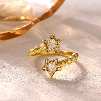 Brass Micro Pave Cubic Zirconia Cuff Open Rings for Women, Star, Golden, 9.5mm, US Size 7 1/4(17.5mm)