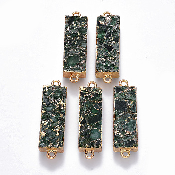 Synthetic Green Fluorite Links connectors, with Golden Plated Brass Settings and Iron Loops, Rectangle, Dark Green, 44~45.5x13x7~8mm, Hole: 2mm