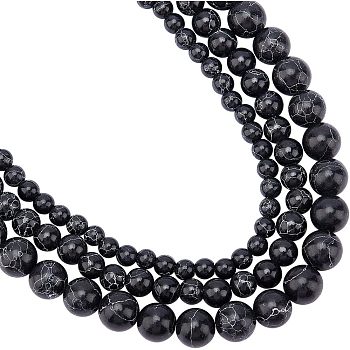 3 Sstrands 3 Style Synthetic Turquoise Beads Strands, Dyed, Round, Black, 4mm/6mm/8mm, Hole: 0.8~1.4mm, 1strand/style