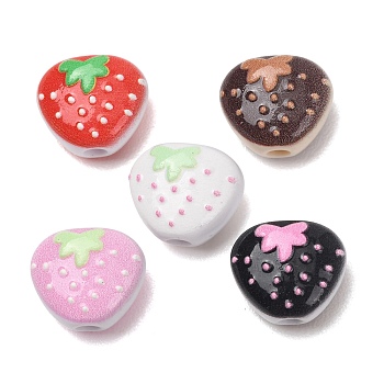 Printed Opaque Acrylic Beads, Strawberry, Mixed Color, 12x14x8mm, Hole: 2.5mm