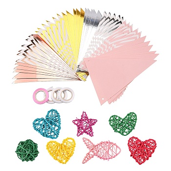 11Pcs Wicker Rattan Ornaments, with Pennant Banner Parts, for Craft, Party, Valentine's Day, Wedding Decoration, Mixed Shapes, Mixed Color, 49mm