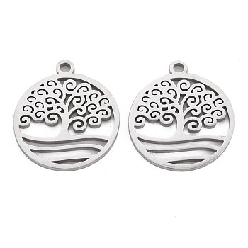 304 Stainless Steel Pendants, Laser Cut, Flat Round with Tree, Stainless Steel Color, 19x16.5x1mm, Hole: 1.6mm