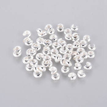 Silver Color Plated Brass Crimp End Beads Covers for Jewelry Making, Nickel Free, Size: About 4mm In Diameter, Hole: 1.5~1.8mm