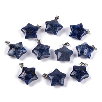 Natural Sodalite Pendants, Star Charm with 201 Stainless Steel Snap on Bails, Stainless Steel Color, 20~21x17~19x7~8mm, Hole: 6x3mm