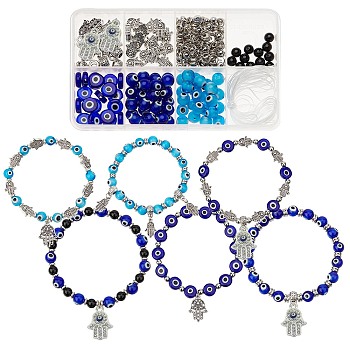 DIY Hamsa Hand with Evil Eye Bracelets Making Kits, Including Lampwork & Glass & Brass Beads, Alloy Beads & Pendants, Blue, 249Pcs/box