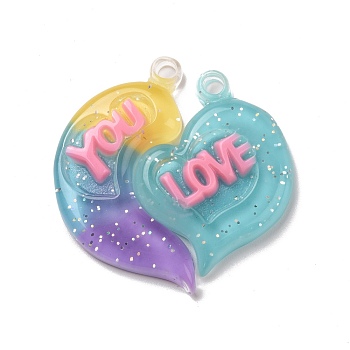 Gradient Color Translucent Resin Pendants, with Glitter Powder, Couple Heart Charm with Word LOVE YOU, Gold, 39x38.5x5.5mm, Hole: 3.5mm, 2pcs/set