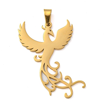 304 Stainless Steel Pendants, Laser Cut, Phenix Charm, Real 18K Gold Plated, 32x23x1.3mm, Hole: 6x3mm