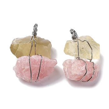 Natural Rose Quartz & Lemon Quartz Nuggets Big Pendants, Copper Wire Wrapped Charms, Platinum, Lead Free & Cadmium Free, 40~52.5x36.5~44.5x17~23.5mm, Hole: 4.5mm