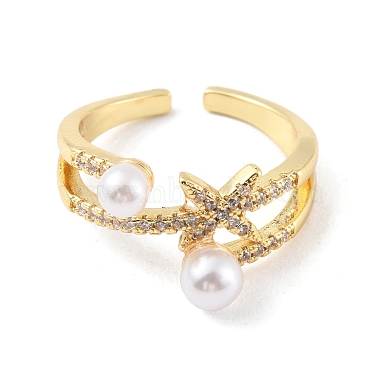 Clear Cubic Zirconia Star Open Cuff Ring with Plastic Pearl Beaded(RJEW-C058-01G)-2