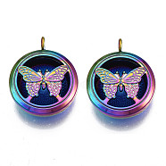Rack Plating Alloy Locket Pendants, Diffuser Locket, with Magnetic, Cadmium Free & Nickel Free & Lead Free, Flat Round with Butterfly, Rainbow Color, 36x30x12mm, Hole: 4mm, Inner Diameter: 22mm(PALLOY-S119-102)