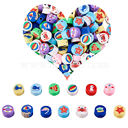 200Pcs Handmade Polymer Clay Beads, Flat Round with Mixed Ocean Patterns, Mixed Color, 9.5x5mm, Hole: 2mm(CLAY-CJ0001-52)