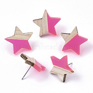 Transparent Resin & Wood Stud Earrings, with 304 Stainless Steel Pin, Star, Deep Pink, 17x18mm, Pin: 0.7mm(EJEW-N017-001A-D06)
