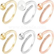 6Pcs 3 Colors Brass Micro Pave Cubic Zirconia Open Cuff Finger Ring Settings, For Half Drilled Beads, Flat Round, Mixed Color, US Size 7 3/4(17.9mm), Tray: 6mm, Pin: 0.9mm, 2Pcs/color(FIND-CA0004-68)