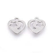 201 Stainless Steel Charms, Cut-Out, Heart with Moon & Star, Stainless Steel Color, 12x11x0.8mm, Hole: 1.4mm(STAS-F188-17P)