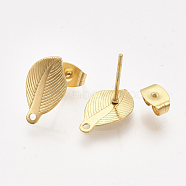 304 Stainless Steel Stud Earring Findings, with Loop and Ear Nuts/Earring Backs, Leaf, Real Gold Plated, 13.5x8mm, Hole: 1mm, Pin: 0.7mm(STAS-S079-67A)