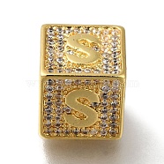 Brass Cubic Zirconia Beads, Letter S, Square, Letter S, 9.5x9.5x9.5mm, Hole: 6mm(KK-Q818-01S-G)