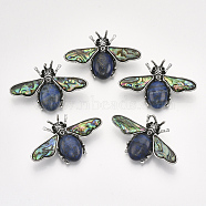 Natural Lapis Lazuli Brooches/Pendants, with Rhinestone and Alloy Findings, Abalone Shell/Paua Shelland Resin Bottom, Bee, Antique Silver, 36x56.5x14mm, Hole: 7x4mm, Pin: 0.7mm(G-S353-08D)