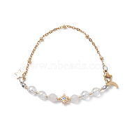 6mm Round Natural Selenite & Glass Crackle Bead Link Bracelets, Moon Star 304 Stainless Steel Satellite Chains Bracelets for Women, Golden, 7-1/2 inch(19.2cm), Bead: 6mm(BJEW-JB10359)