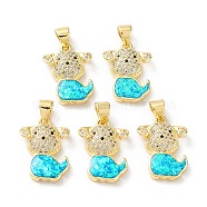 Rack Plating Brass Micro Pave Cubic Zirconia Puppy Pendants, Synthetic Opal Dog Charms with Snap on Bail, Cadmium Free & Lead Free, Long-Lasting Plated, Real 18K Gold Plated, Cyan, 18x13x4mm, Hole: 5x3.2mm(KK-C041-15G)