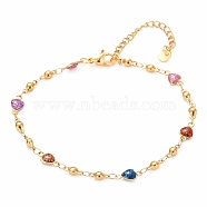 304 Stainless Steel Link Bracelets, with Resin and Lobster Claw Clasps, Heart, Colorful, Golden, 8-1/8 inch(20.7cm)(BJEW-O183-11G)