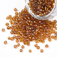 Transparent Colours Rainbow Round Glass Seed Beads, Dark Goldenrod, Size: about 3mm in diameter, hole: 1mm, about 1102pcs/50g(X-SEED-A007-3mm-162C)