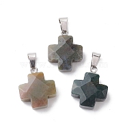 Natural Indian Agate Pendants, Cross Charms with Stainless Steel Color Plated Stainless Steel Snap on Bails, 20~20.5x15.5~16.5x6~7mm, Hole: 7x4.5mm(G-K359-02P-05)