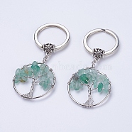 Natural Green Aventurine Keychain, with Iron Key Rings and Brass Finding, Flat Round with Tree of Life, 65~67mm, 36x29x5~8mm(KEYC-E023-03D)