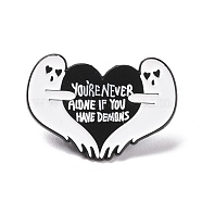 You're Never Aldne If You Have Demons Word Enamel Pin, Ghost with Heart Alloy Badge for Backpack Clothes, Electrophoresis Black, White, 25x35.5x1.5mm, Pin: 1.3mm(JEWB-H006-34EB)