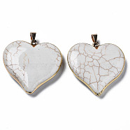 Synthetic Turquoise Pendants, with Golden Plated Brass Edge and Loop, Rack Plating, Heart, Antique White, 44x44x10.5mm, Hole: 4x7.5mm(G-Q998-022B)