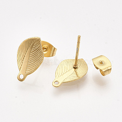 304 Stainless Steel Stud Earring Findings, with Loop and Ear Nuts/Earring Backs, Leaf, Real Gold Plated, 13.5x8mm, Hole: 1mm, Pin: 0.7mm(STAS-S079-67A)