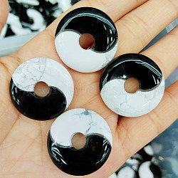 Natural Obsidian & Howlite Yin-yang Pendants, Donut/Pi Disc Charms , 25.5x5.5mm, Hole: 6mm(FIND-Q109-01)