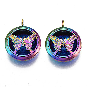 Rack Plating Alloy Locket Pendants, Diffuser Locket, with Magnetic, Cadmium Free & Nickel Free & Lead Free, Flat Round with Butterfly, Rainbow Color, 36x30x12mm, Hole: 4mm, Inner Diameter: 22mm
