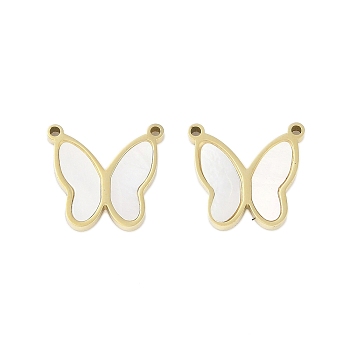 Natural Shell Charms, Ion Plating(IP) 304 Stainless Steel Butterfly Charms, Manual Polishing, Real 18K Gold Plated, 14x15x2mm, Hole: 1.2mm