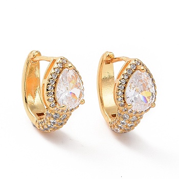 Clear Cubic Zirconia Teardrop Hoop Earrings, Brass Jewelry for Women, Real 18K Gold Plated, 15.5x8.5x18mm, Pin: 0.9mm