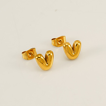 Chunk Letter 304 Stainless Steel Stud Earrings for Women, Real 18K Gold Plated, Letter V, 7.5~8.5x5~10.5mm