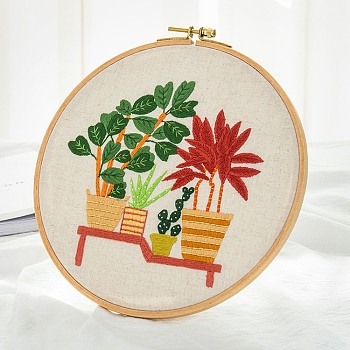 Plant Pattern DIY Embroidery Beginner Kit, including Embroidery Needles & Thread, Cotton Linen Fabric, Crimson, 27x27cm