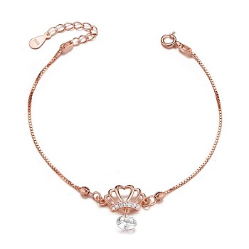 SHEGRACE 925 Sterling Silver Charm Bracelets, with Micro Pave AAA Cubic Zirconia Crown, AAA Cubic Zirconia Pendant, Rose Gold, 6-1/4 inch(160mm)