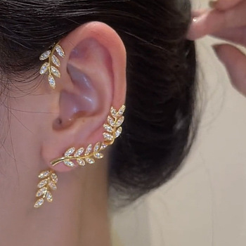 Alloy Rhinestone Cuff Earrings, Leaf, Golden, 70x35mm