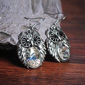 Natural Paua Shell Animal Dangle Earrings, Antique Silver Alloy Jewelry for Women, Owl, 33x26mm