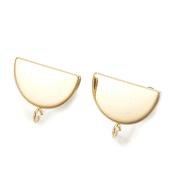 Brass Stud Earrings Findings, with Loop, Half Round, Nickel Free, Real 18K Gold Plated, 12.5x16mm, Hole: 2mm, Pin: 0.7mm