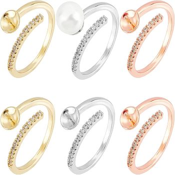 6Pcs 3 Colors Brass Micro Pave Cubic Zirconia Open Cuff Finger Ring Settings, For Half Drilled Beads, Flat Round, Mixed Color, US Size 7 3/4(17.9mm), Tray: 6mm, Pin: 0.9mm, 2Pcs/color