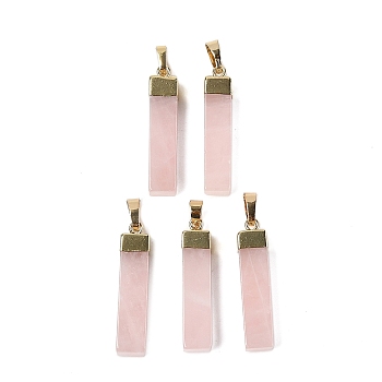 Natural Rose Quartz Pendants, Cuboid Charms with Brass Findings, Golden, 34x7~7.5x7~7.5mm, Hole: 7x5mm