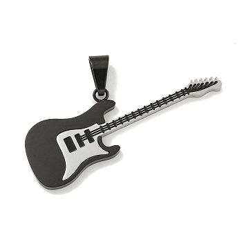 304 Stainless Steel Big Pendants, with Enamel, Guitar Charm, Black, 51.5x17.5x2.5mm, Hole: 8.5x4.5mm