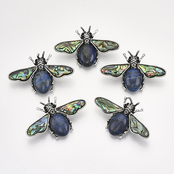 Natural Lapis Lazuli Brooches/Pendants, with Rhinestone and Alloy Findings, Abalone Shell/Paua Shelland Resin Bottom, Bee, Antique Silver, 36x56.5x14mm, Hole: 7x4mm, Pin: 0.7mm