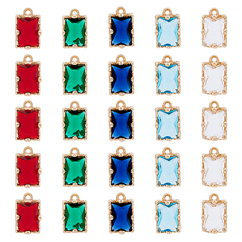 40Pcs 5 Colors Glass Rhinestone Pendants, with Light Gold Plated Brass Claw Open Back Settings, Faceted Rectangle Charms, Mixed Color, 10x6x5mm, Hole: 1mm, 8Pcs/color
