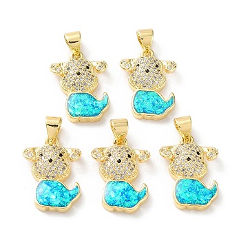 Rack Plating Brass Micro Pave Cubic Zirconia Puppy Pendants, Synthetic Opal Dog Charms with Snap on Bail, Cadmium Free & Lead Free, Long-Lasting Plated, Real 18K Gold Plated, Cyan, 18x13x4mm, Hole: 5x3.2mm